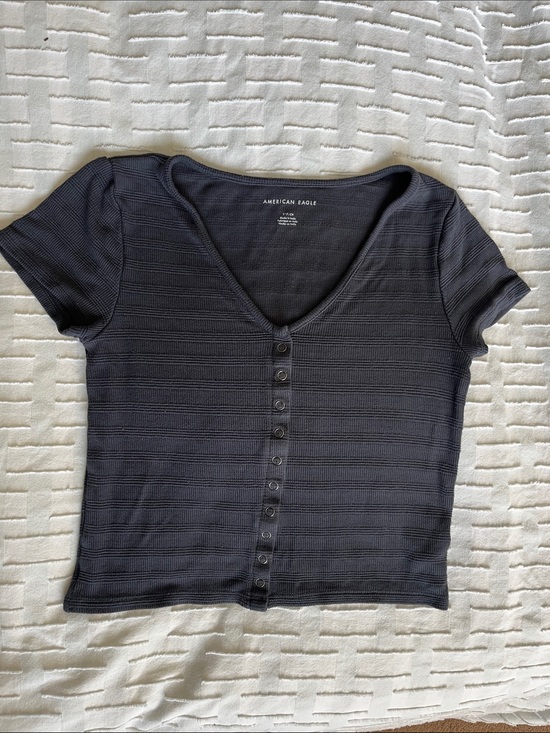 American Eagle Outfitters Tops - American Eagle Outfitters Blue/Grey Button-Front V-Neck Short Sleeve Crop Top Sm